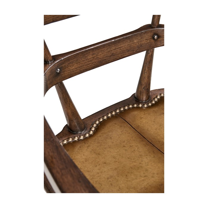 Dark Oak Arm Bar Stool with A Studded Dark Antique Leather Seat