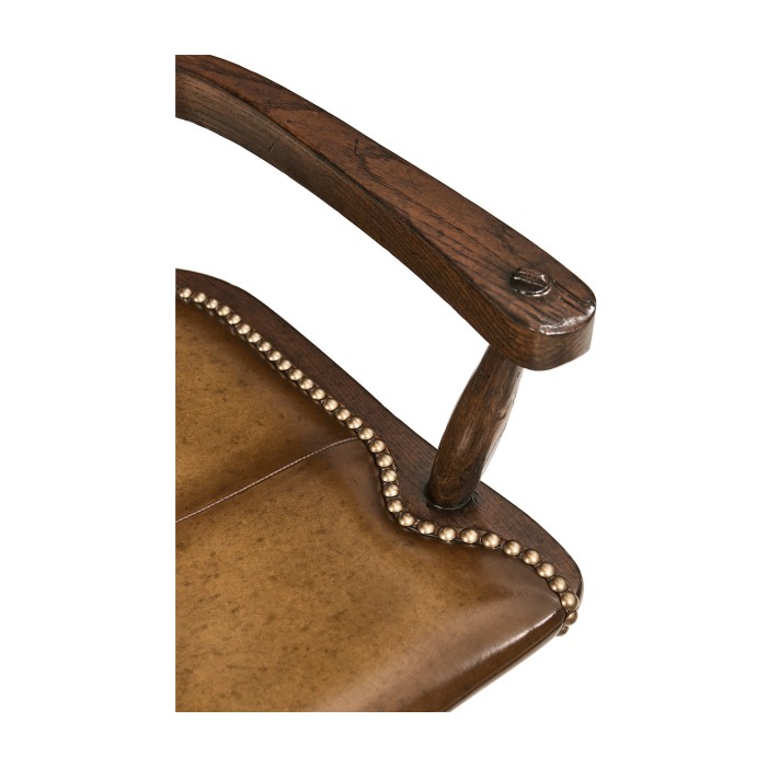 Dark Oak Arm Bar Stool with A Studded Dark Antique Leather Seat