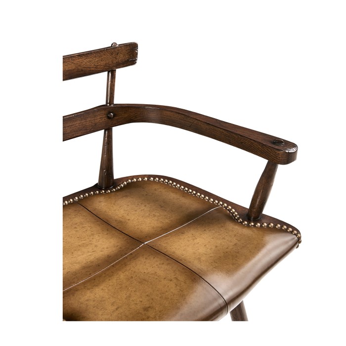 Dark Oak Arm Bar Stool with A Studded Dark Antique Leather Seat