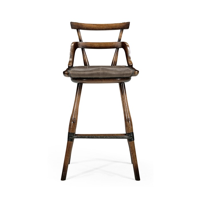 Dark Brown Oak Side Bar Stool with Studded Haven Leather Seat