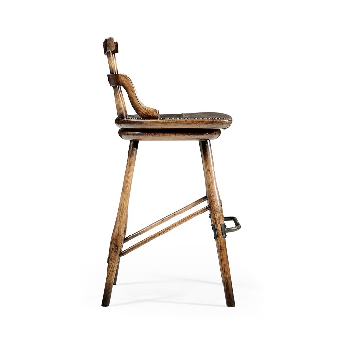 Dark Brown Oak Side Bar Stool with Studded Haven Leather Seat