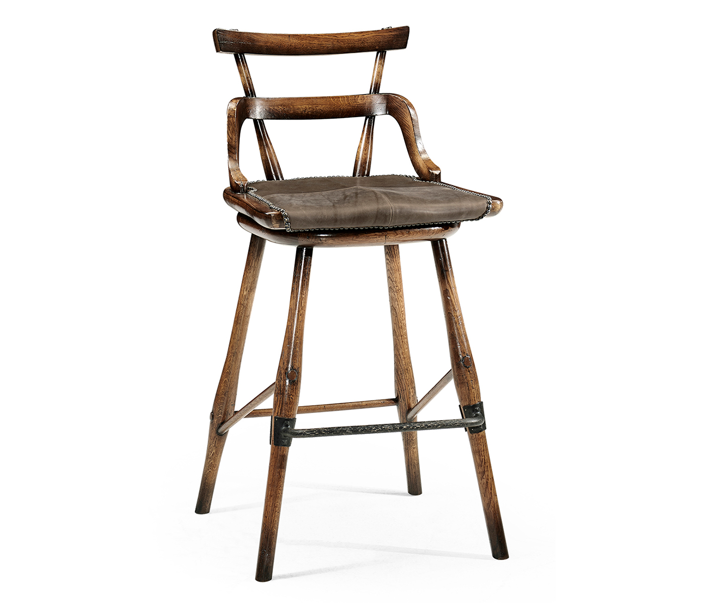 Dark Brown Oak Side Bar Stool with Studded Haven Leather Seat