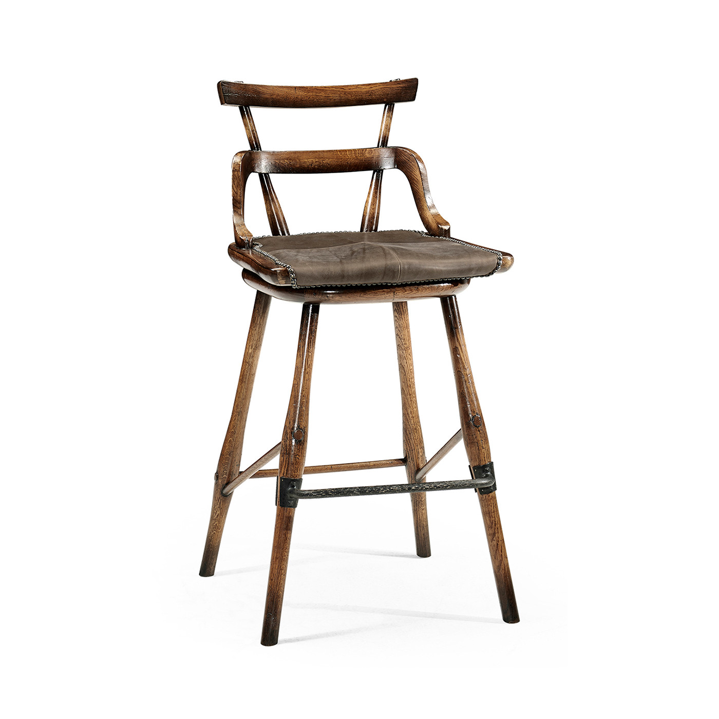 Dark Brown Oak Side Bar Stool with Studded Haven Leather Seat