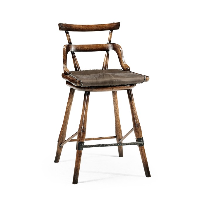 Dark Brown Oak Side Counter Stool with Studded Haven Leather Seat