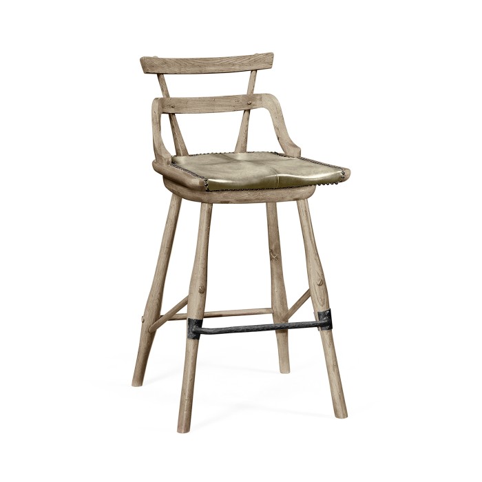 Grey Oak Side Bar Stool with a Studded Dark Grey Leather Seat