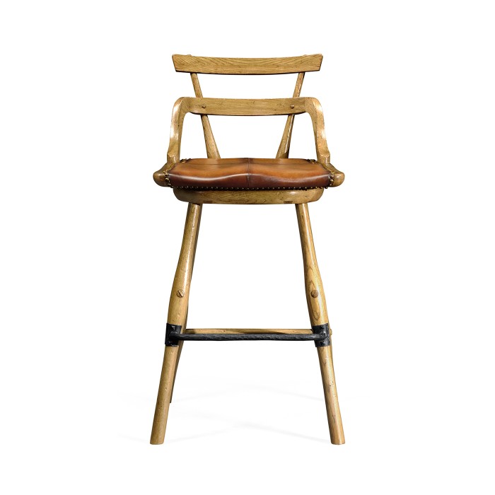 Natural Oak Side Bar Stool with a Studded Antique Chestnut Leather Seat
