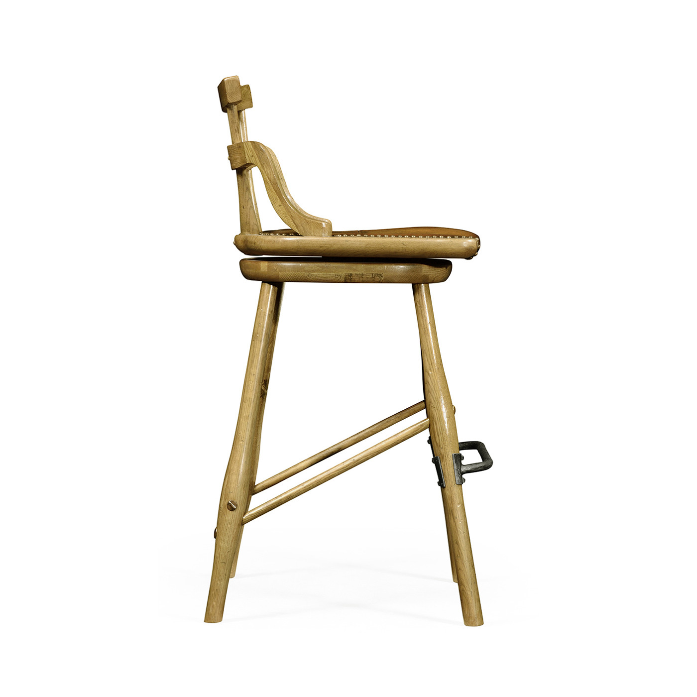 Natural Oak Side Bar Stool with a Studded Antique Chestnut Leather Seat