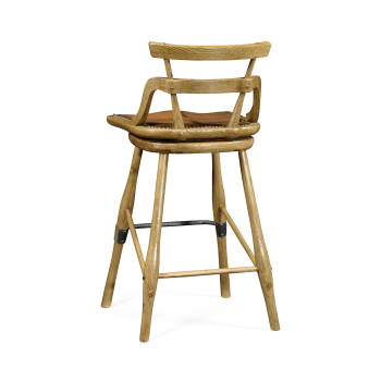 Natural Oak Side Bar Stool with a Studded Antique Chestnut Leather Seat
