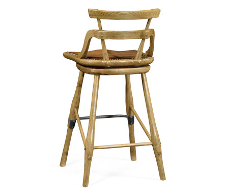 Natural Oak Side Bar Stool with a Studded Antique Chestnut Leather Seat