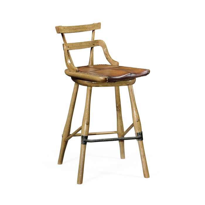 Natural Oak Side Bar Stool with a Studded Antique Chestnut Leather Seat