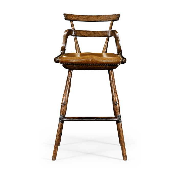 Dark Oak Side Bar Stool with a Studded Dark Antique Leather Seat