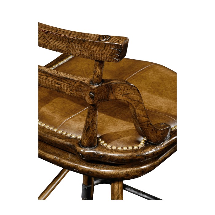 Dark Oak Side Bar Stool with a Studded Dark Antique Leather Seat