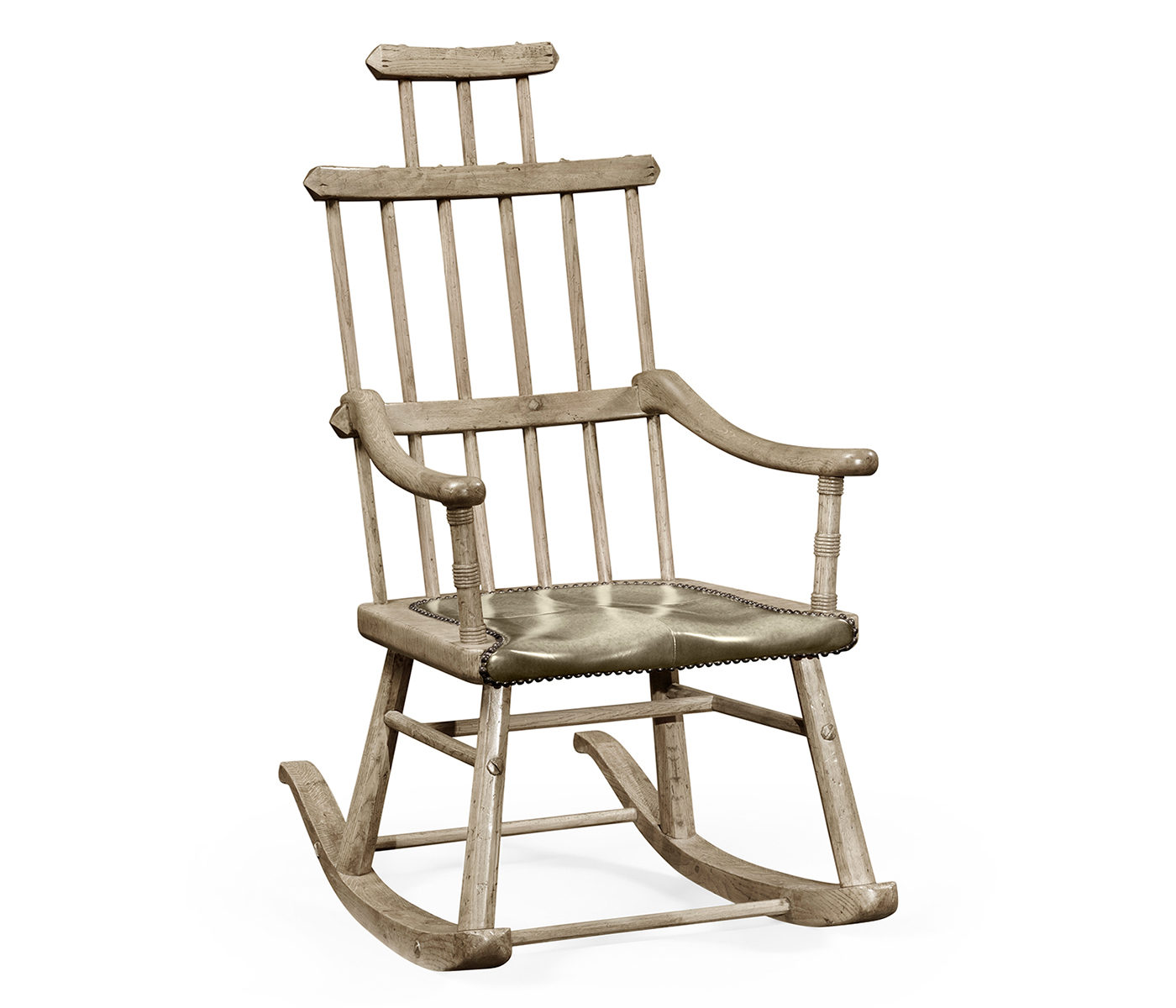 Grey Oak Windsor Style Rocking Arm Chair with A Studded Dark Grey Leather Seat