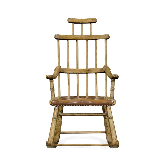 Natural Oak Windsor Style Rocking Arm Chair with A Studded Antique Chestnut Leather Seat