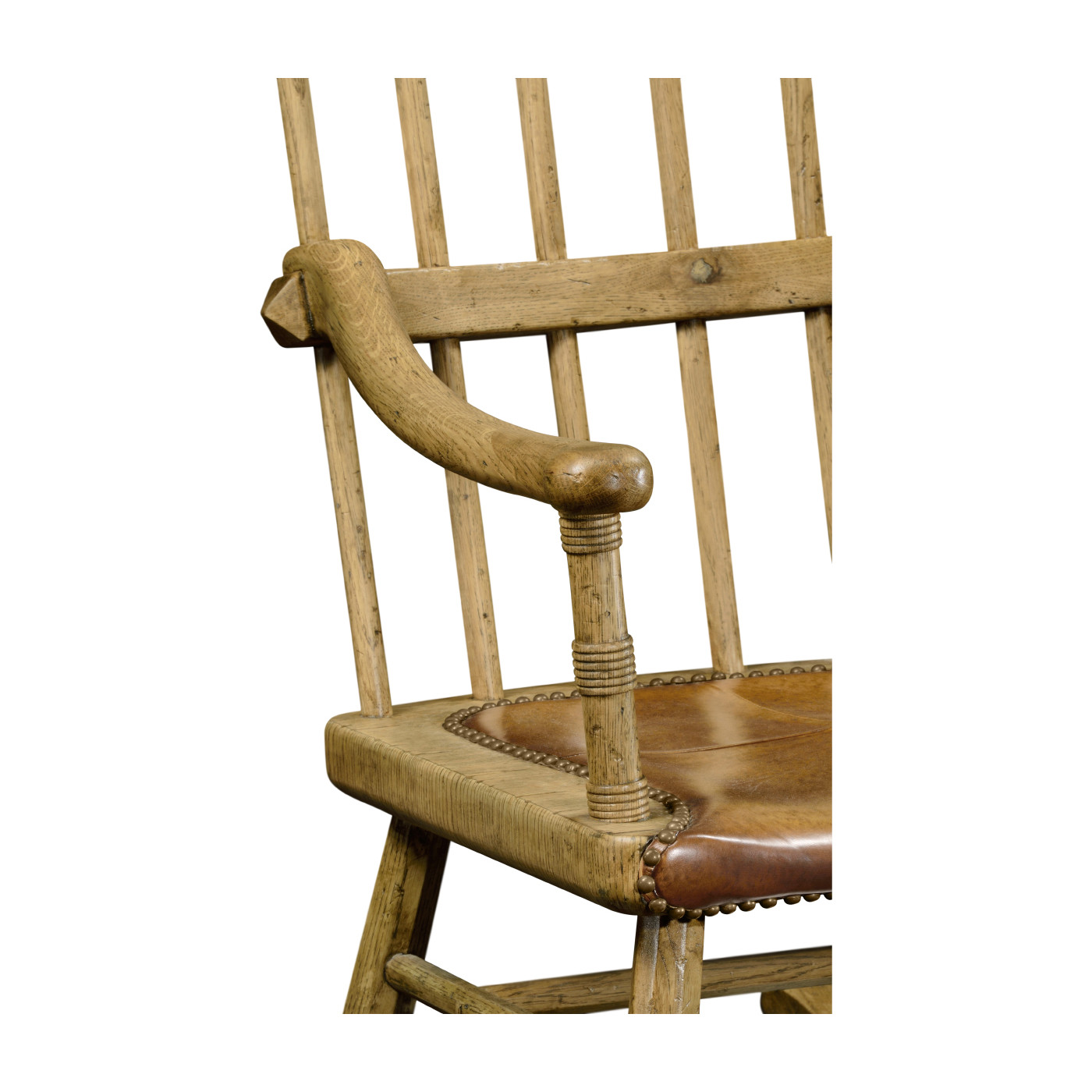 Natural Oak Windsor Style Rocking Arm Chair with A Studded Antique Chestnut Leather Seat
