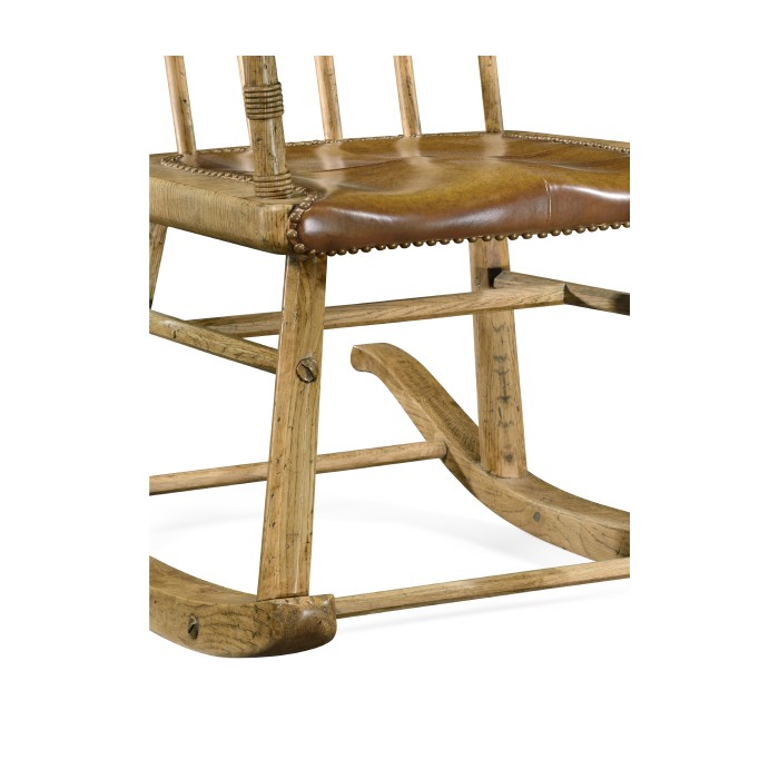 Natural Oak Windsor Style Rocking Arm Chair with A Studded Antique Chestnut Leather Seat