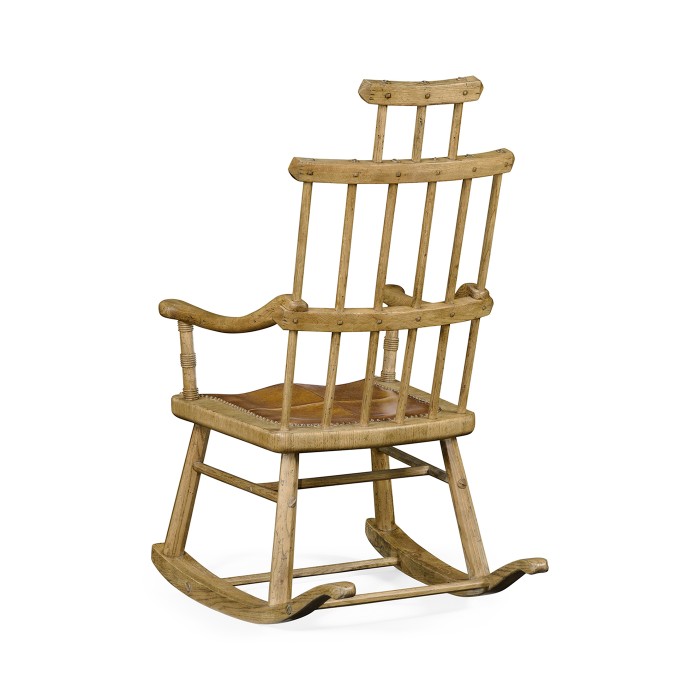 Natural Oak Windsor Style Rocking Arm Chair with A Studded Antique Chestnut Leather Seat