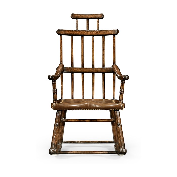 Dark Oak Windsor Style Rocking Arm Chair with A Studded Dark Antique Chestnut Leather Seat