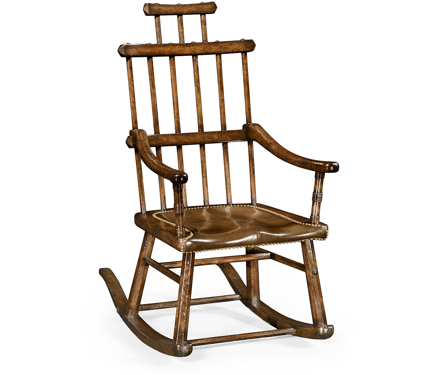 Dark Oak Windsor Style Rocking Arm Chair with A Studded Dark Antique Chestnut Leather Seat