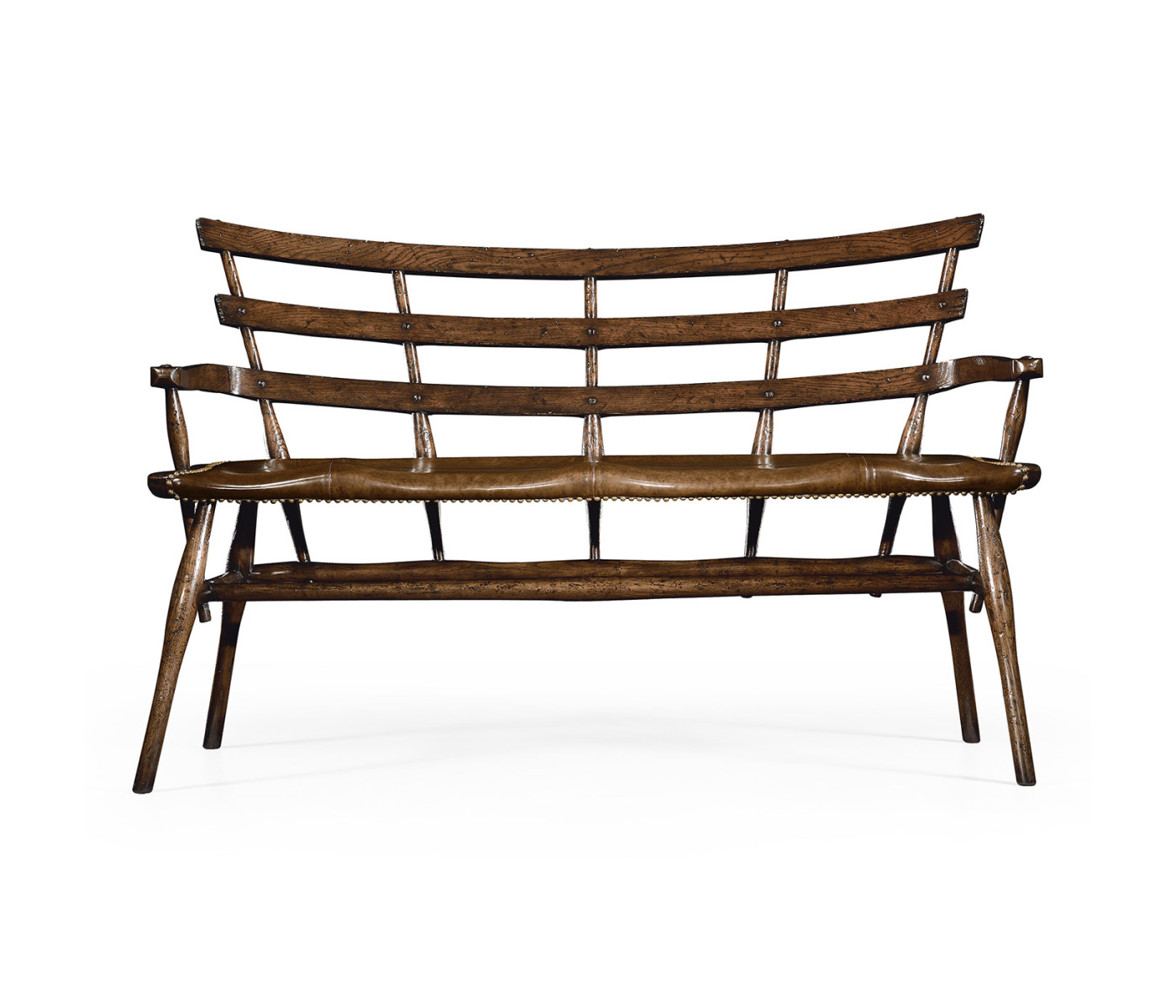 Dark Oak Bench with a Studded Dark Antique Chestnut Leather Seat