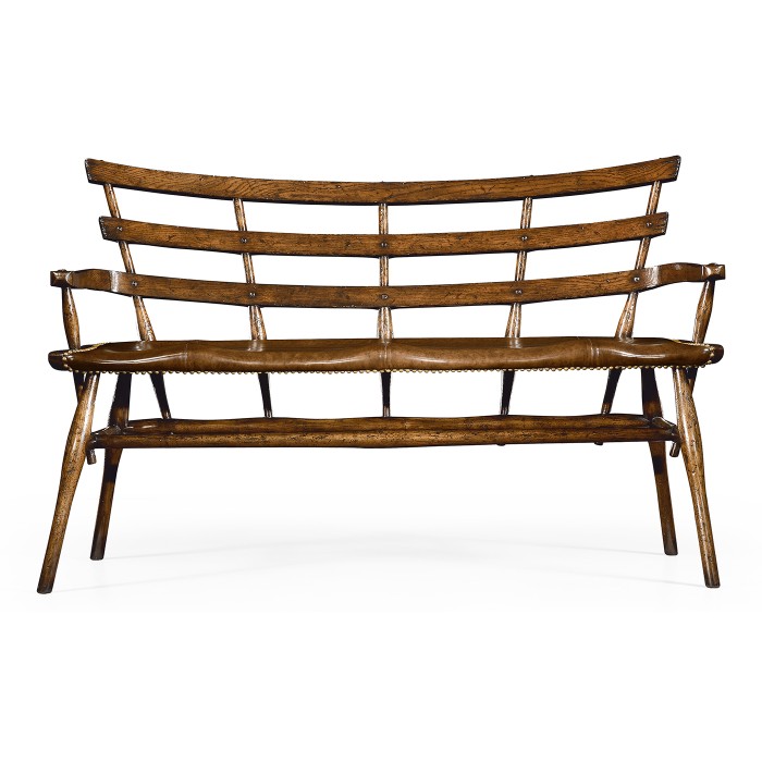 Dark Oak Bench with a Studded Dark Antique Chestnut Leather Seat