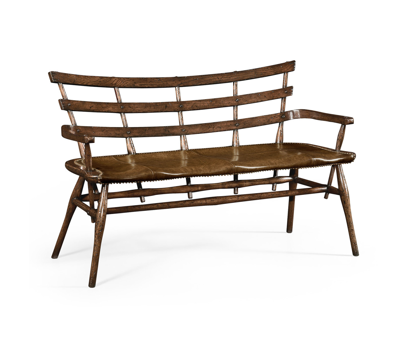 Dark Oak Bench with a Studded Dark Antique Chestnut Leather Seat