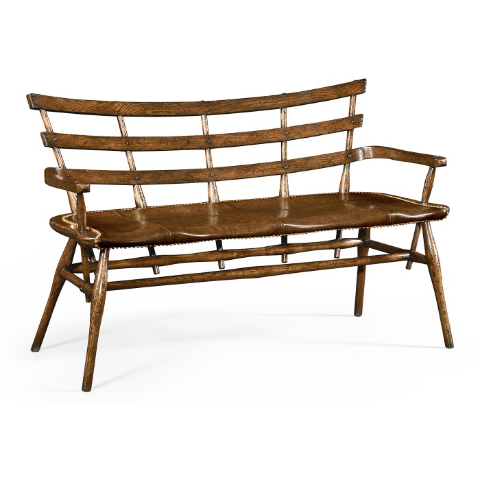 Dark Oak Bench with a Studded Dark Antique Chestnut Leather Seat