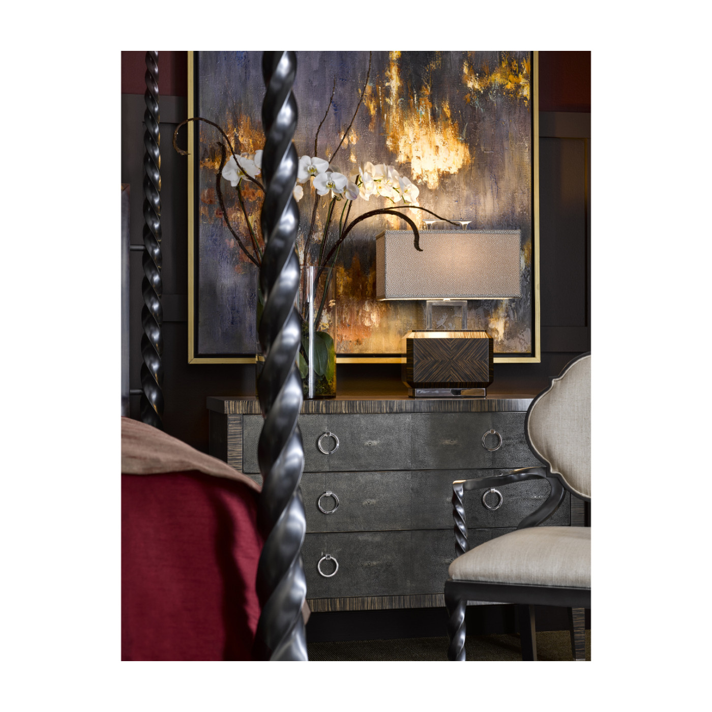 Faux Macassar Ebony & Anthracite Faux Shagreen 3-Drawers Chest of Drawers