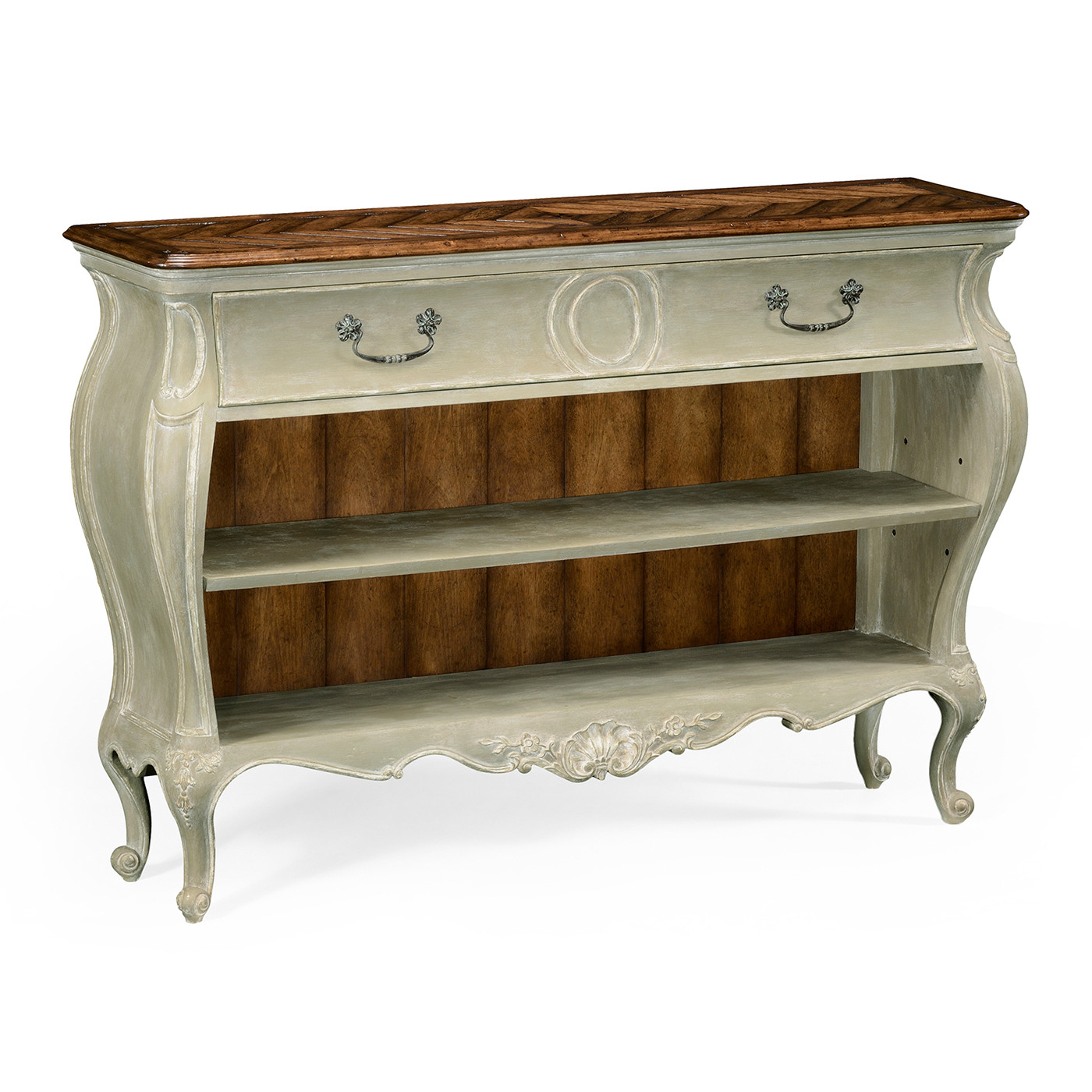 French provincial grey painted open bookcase