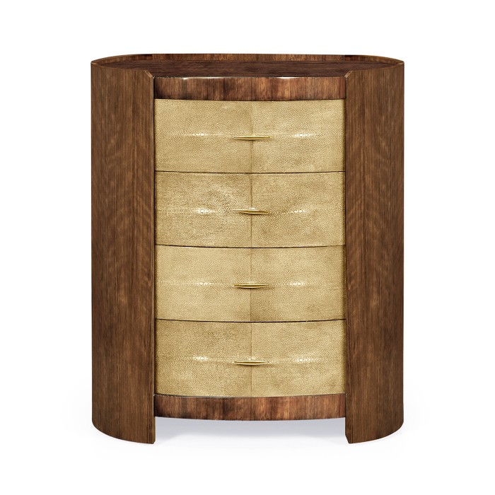 Ivory Shagreen Oval Bedside Chest of Drawers with Brass