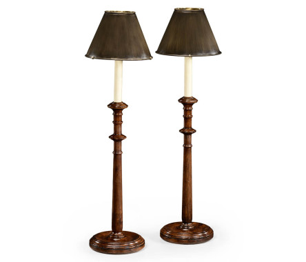 Pair of walnut candlestick lamps - in component form - unwire