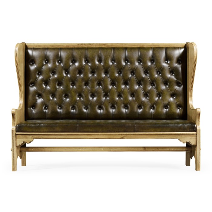 Natural Oak Tavern Settle with Medium English Library Green Leather Upholstery