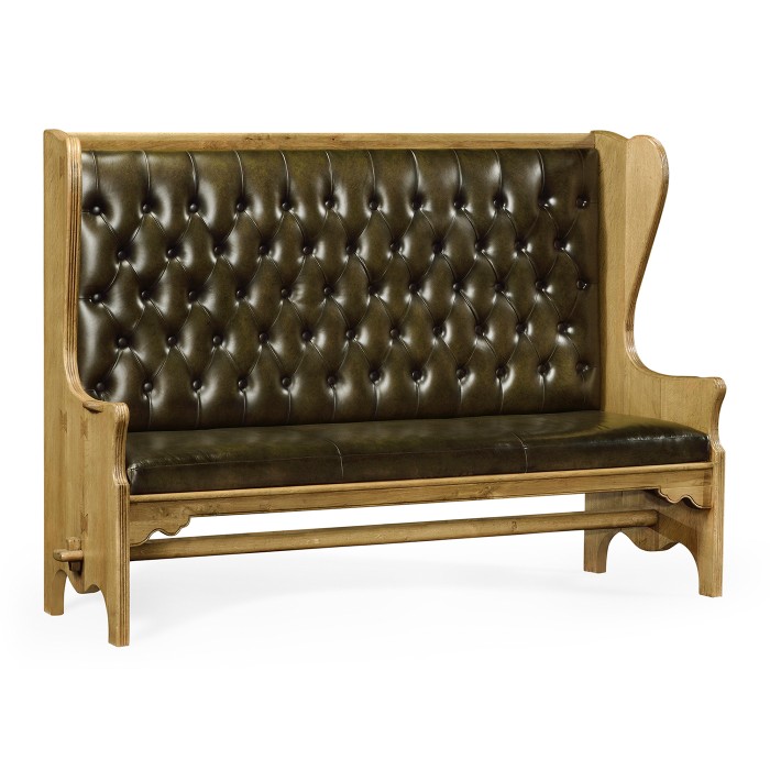 Natural Oak Tavern Settle with Medium English Library Green Leather Upholstery