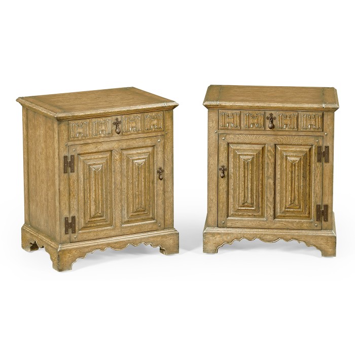 Pair Of Linenfold Natural Oak Bedside Cabinets