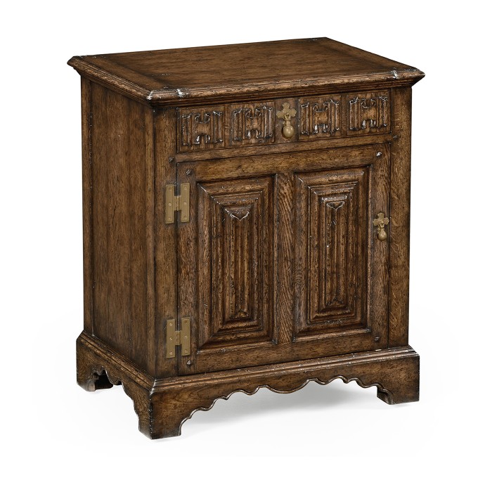 Pair Of Linenfold Dark Oak Bedside Cabinets