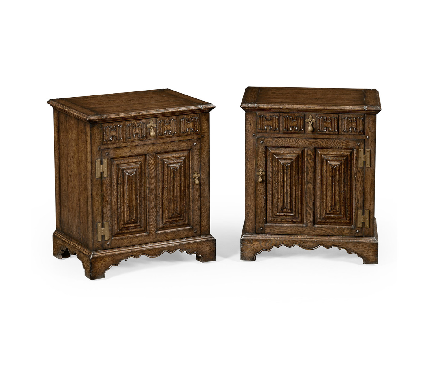 Pair Of Linenfold Dark Oak Bedside Cabinets