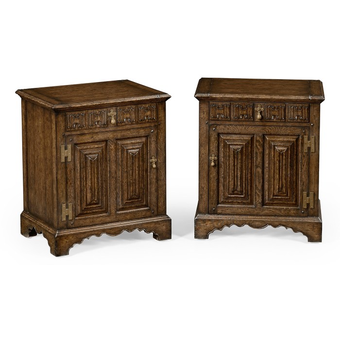 Pair Of Linenfold Dark Oak Bedside Cabinets