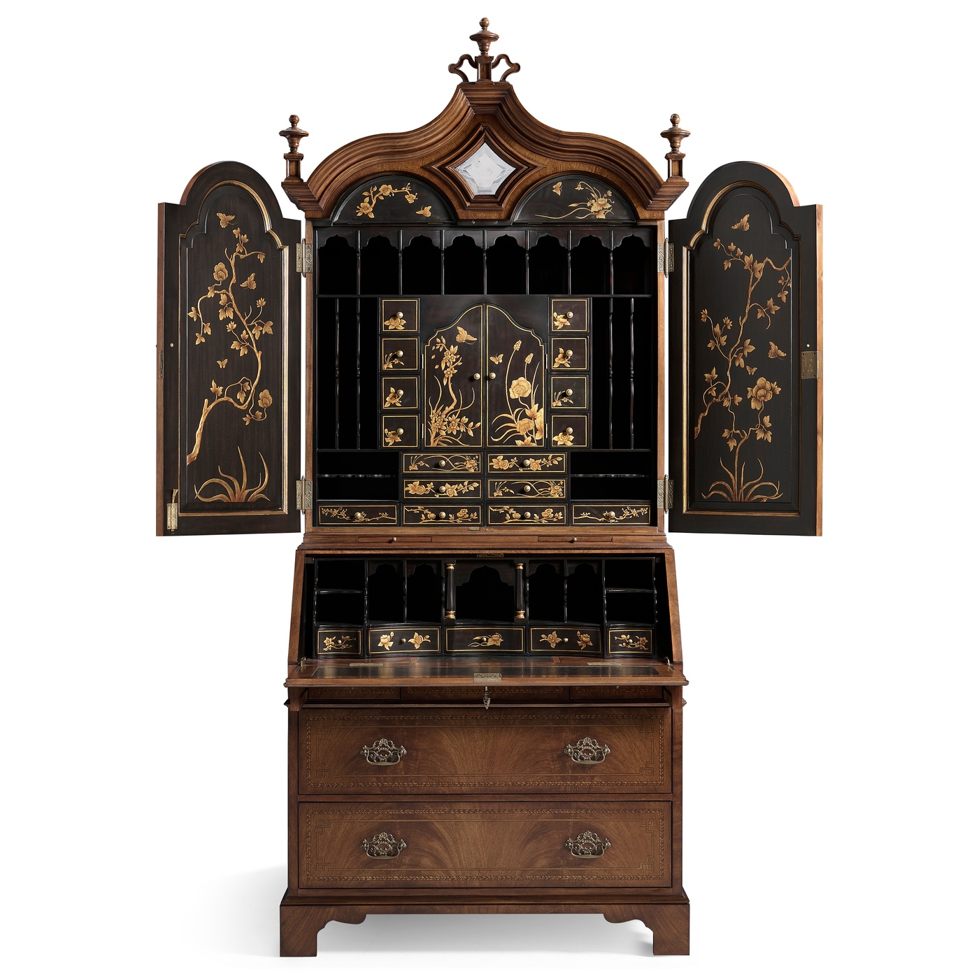 Queen Anne Walnut Bureau with Chinoiserie Interior & Mirrored Doors