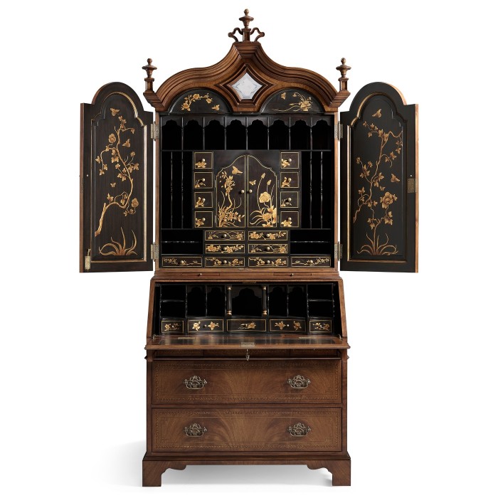 Queen Anne Walnut Bureau with Chinoiserie Interior & Mirrored Doors