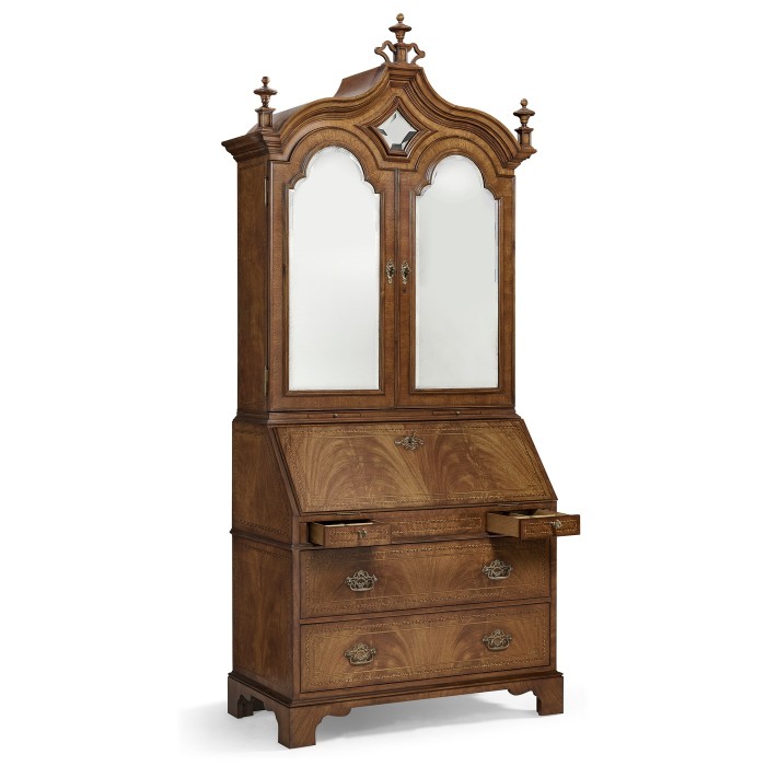 Queen Anne Walnut Bureau with Chinoiserie Interior & Mirrored Doors