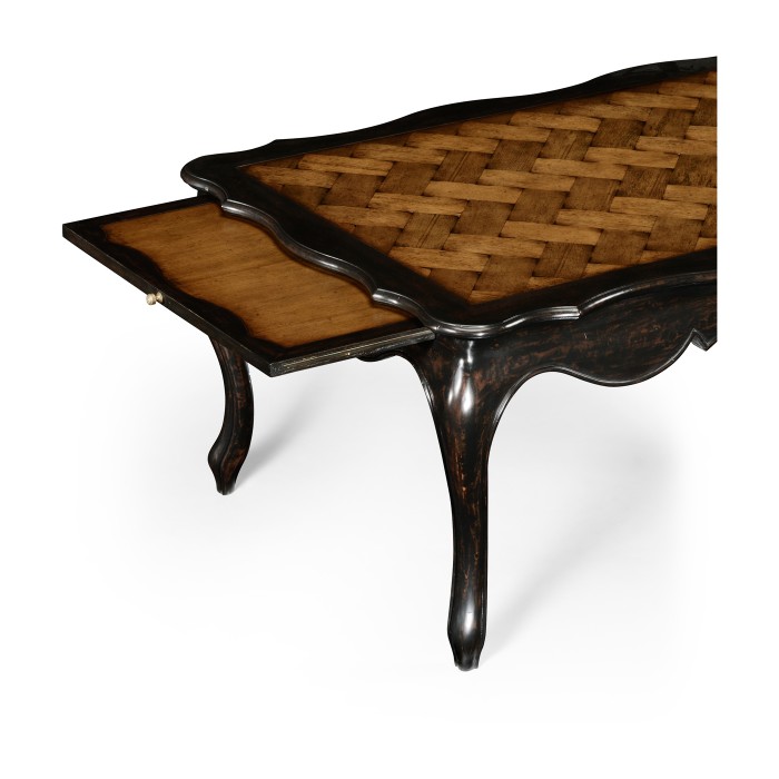 French style black finish coffee table parquet top
