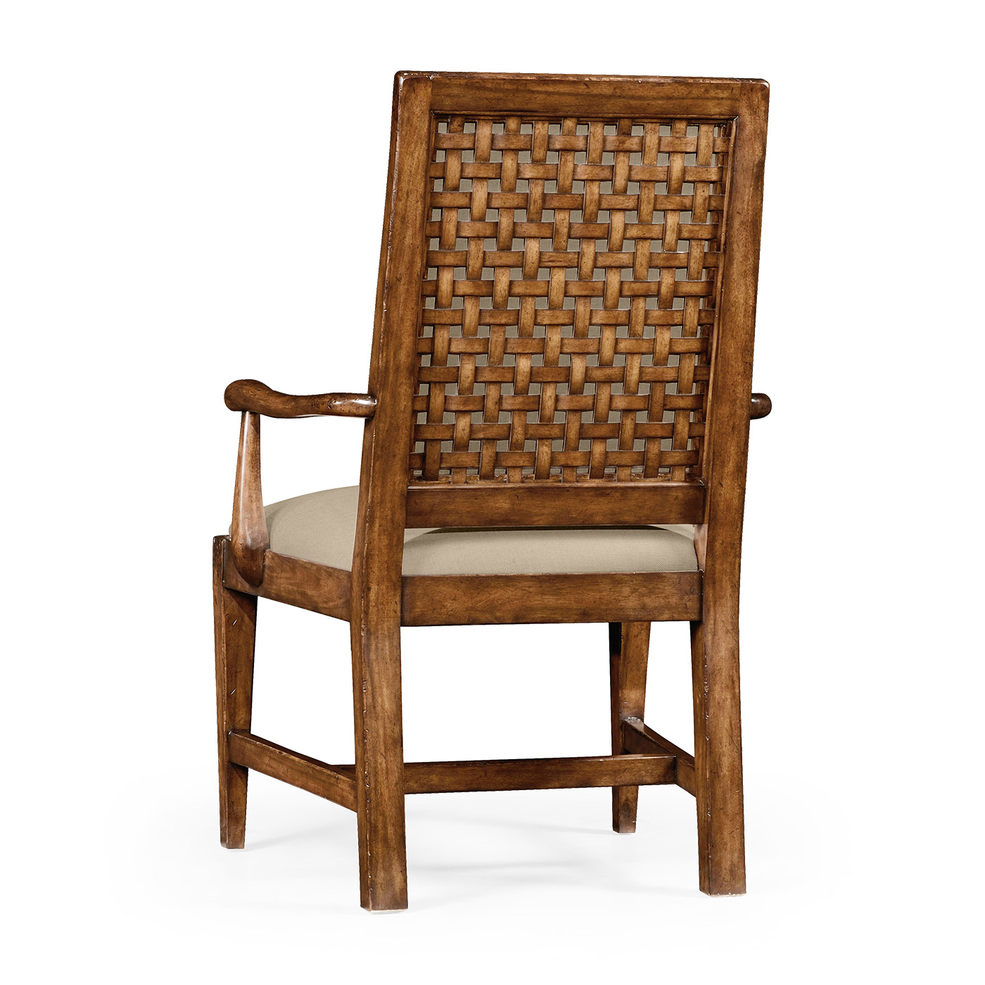Rustic Walnut Upholstered Arm Chair with Lattice Back
