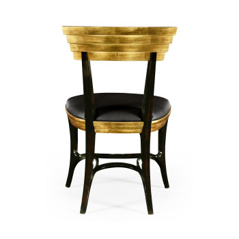 Stepped gilded dining side chair with smoky black leather