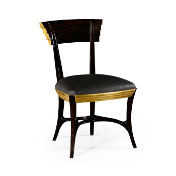 Stepped gilded dining side chair with smoky black leather