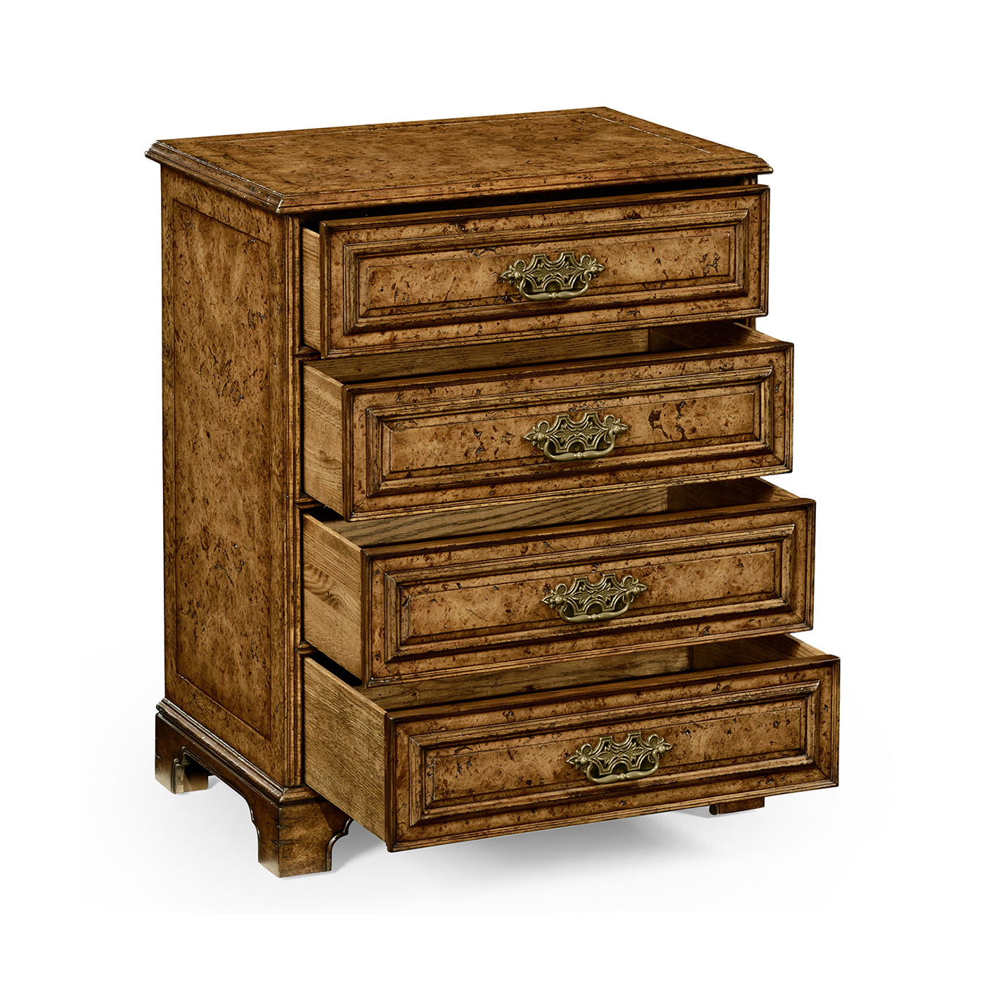 George II style burl oak chest of four drawers
