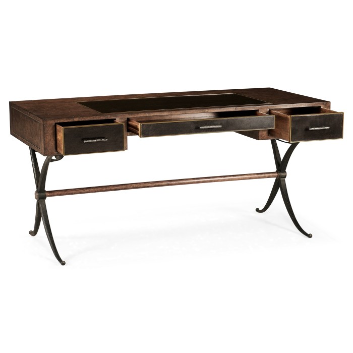 Hammered Iron Bureau Plat with Black Leather Inserts