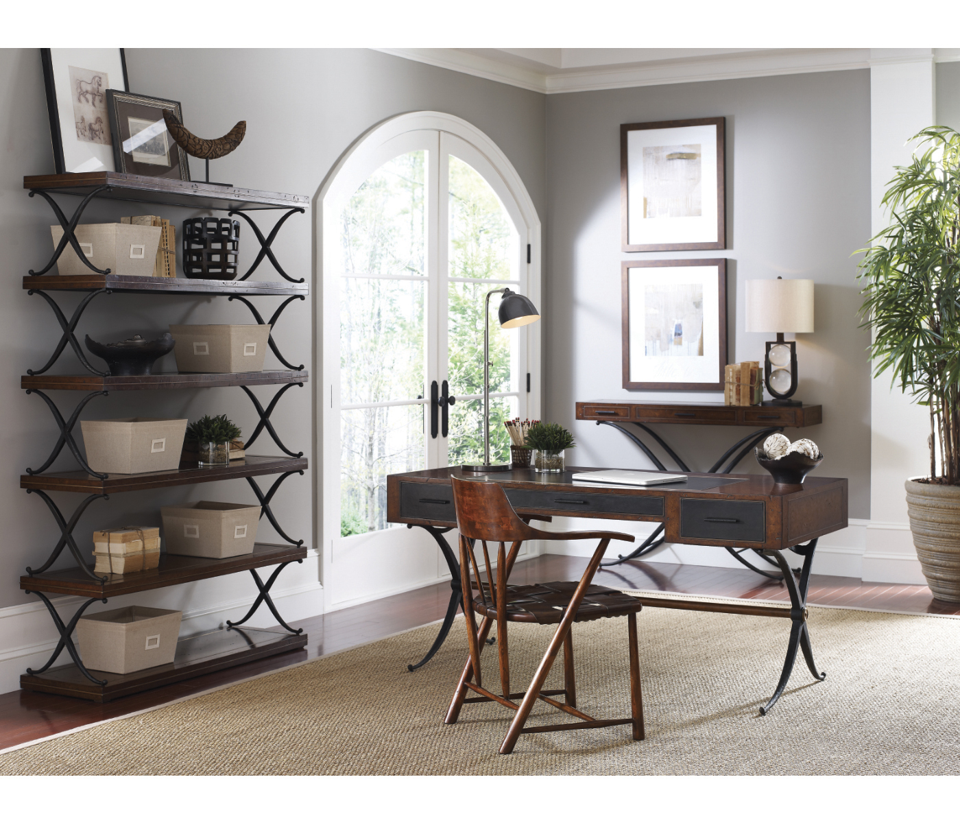 Hammered Iron Bureau Plat with Black Leather Inserts