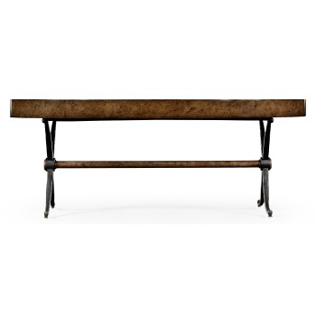 Hammered iron and burl oval coffee table