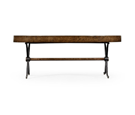 Hammered iron and burl oval coffee table