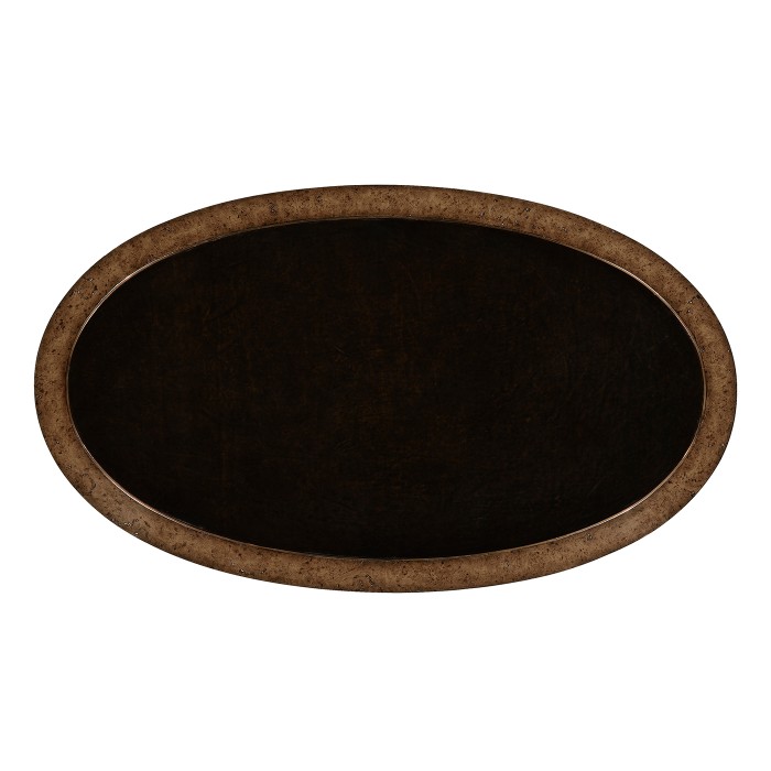 Hammered iron and burl oval coffee table